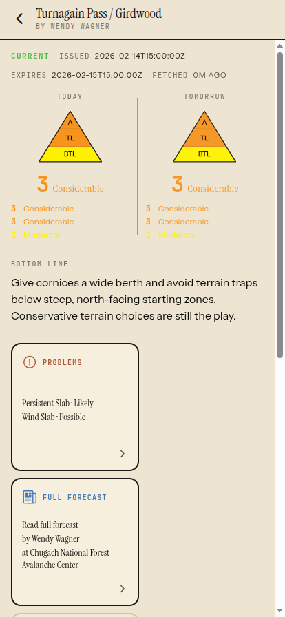Whumpf zone detail screen for Turnagain Pass showing danger by elevation band