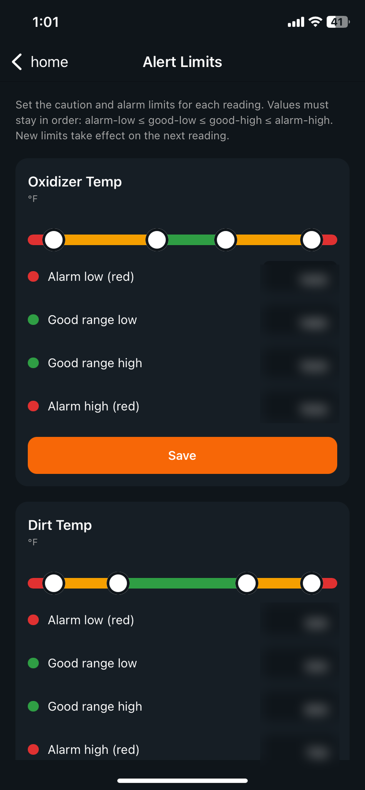 Dirt burner monitor alert limits configuration screen with threshold values blurred